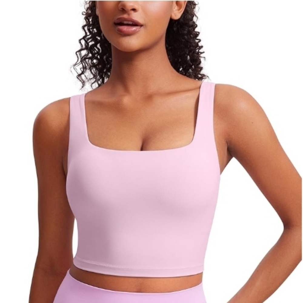 Square Neck Crop Tank Top Workout Longline Sports Bra Pink